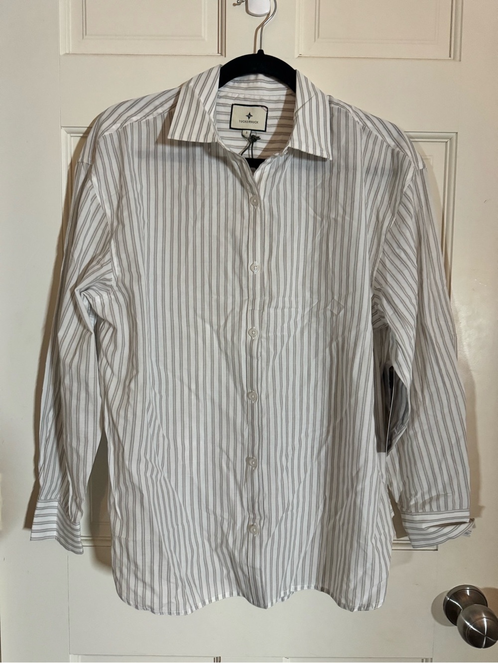 NWT Tuckernuck Women’s Gray White Stripe Oversized Boyfriend Button Down Shirt S